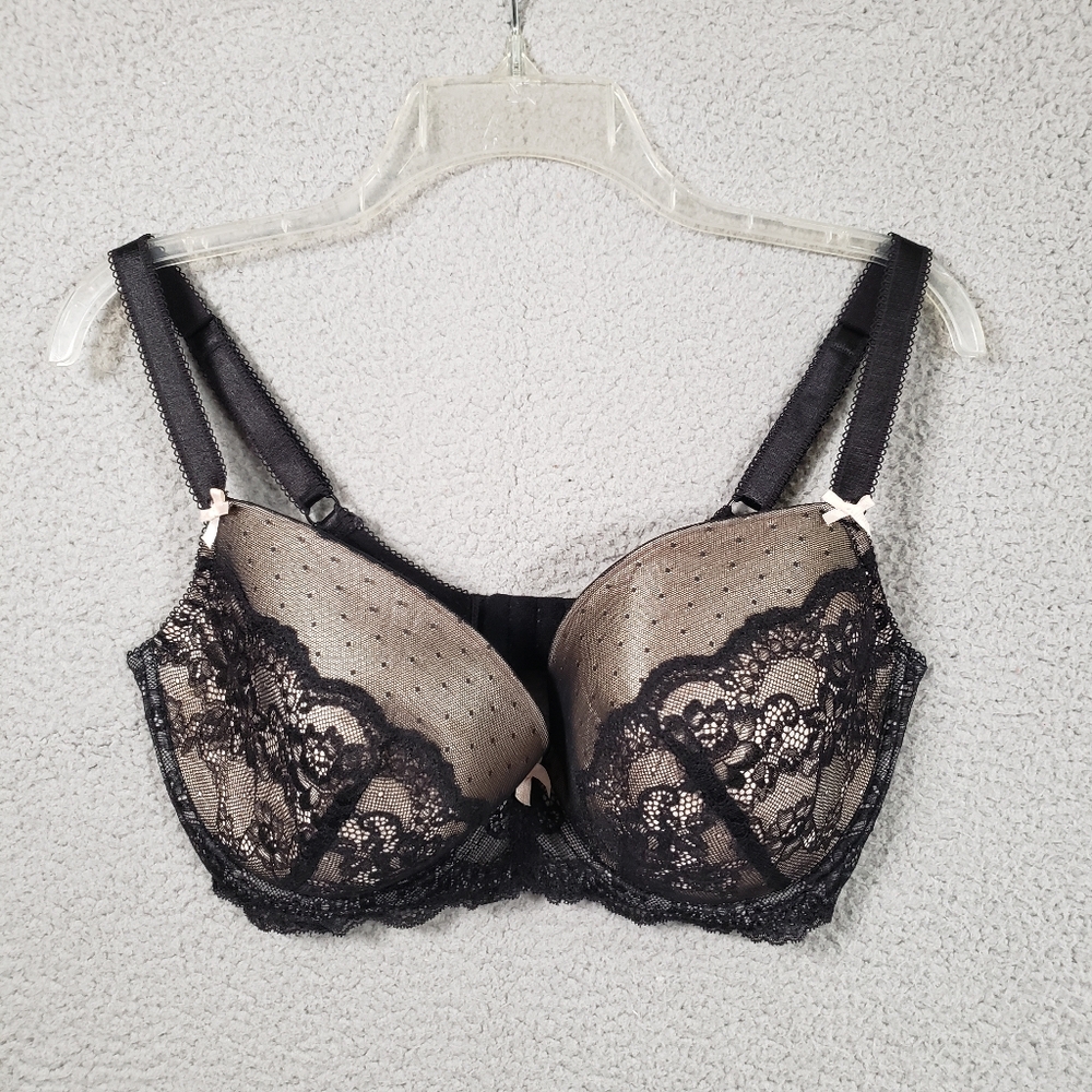Figleaves Bra Womens 36FF Black Lace Pad Underwire Push Up Intimates Pink Bows